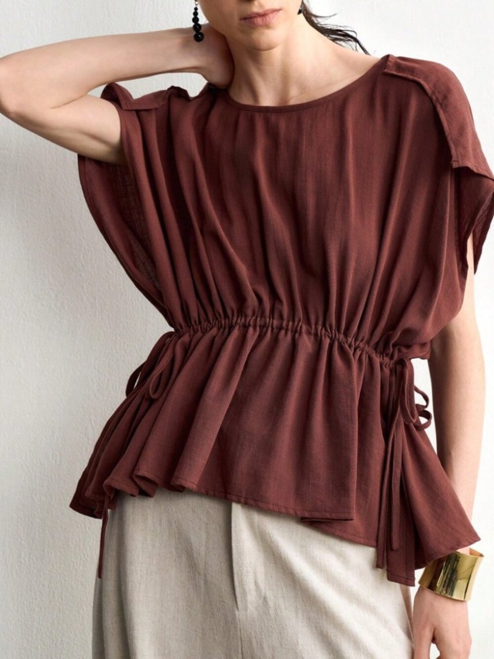 Brown Linen Blend Drawstring Waist Peplum Top